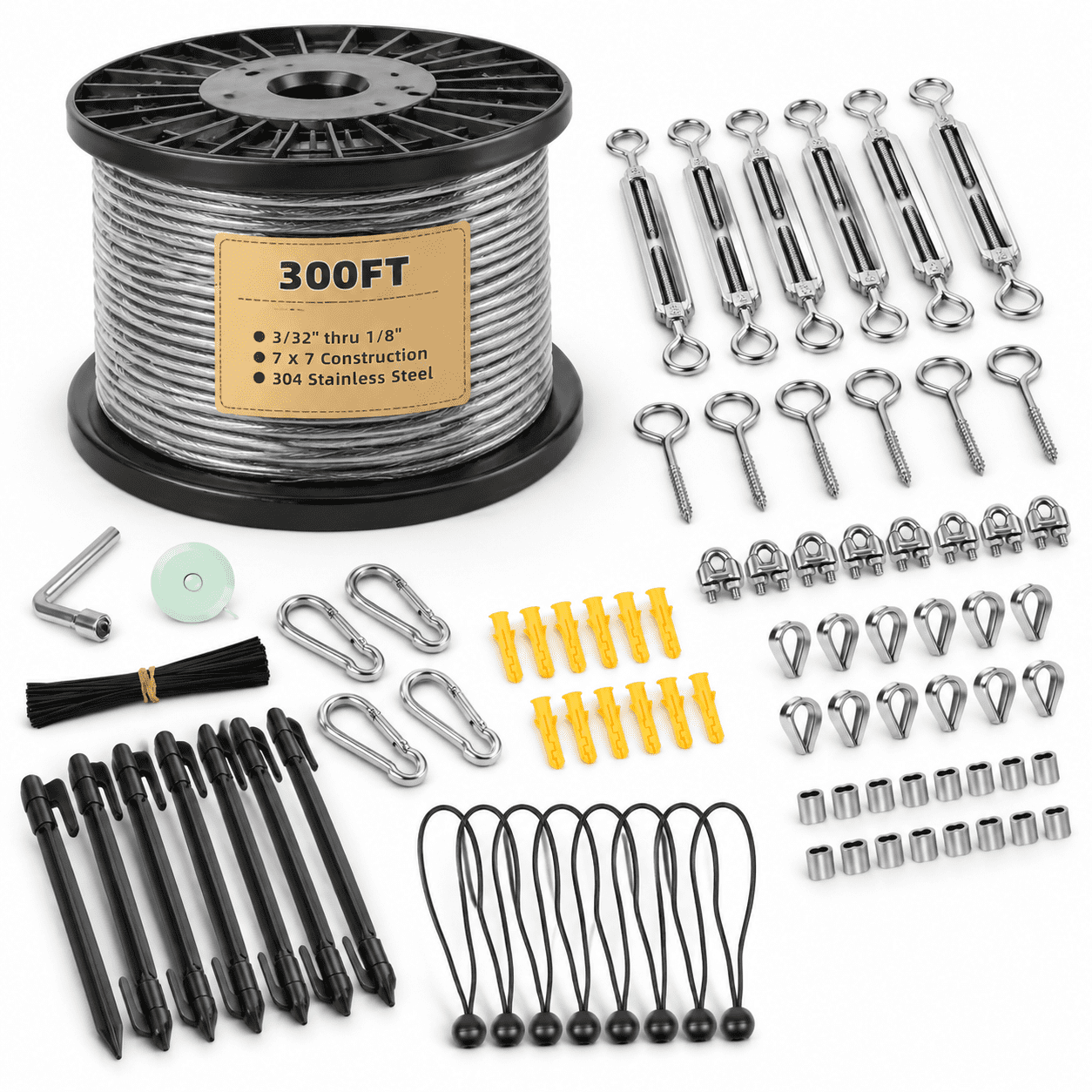 1/8" 300FT Black Vinyl Coated 304 Stainless Steel Aircraft Cable Kit ...