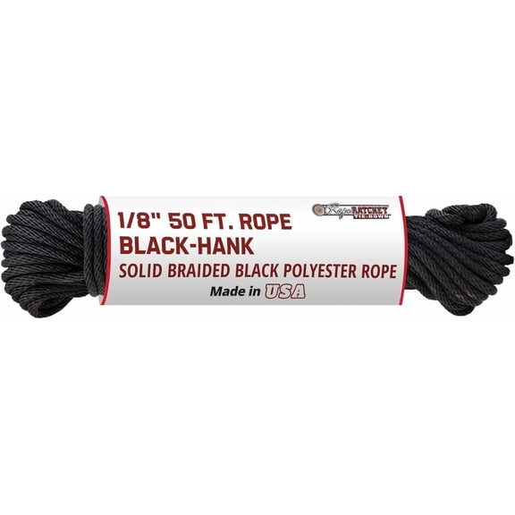1/8" 50 ft Braided Polyester Utility Cord, Weather Resistant Indoor Outdoor for Gardening, DIY Projects, Securing Loads, Binding, Knot Tying, Tarp Use, 75 lb Capacity - Black
