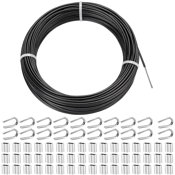 Tootaci 1/8 Stainless Steel Cable, 100ft Black Vinyl Coated Wire Rope Clothesline with Sleeve and Thimble, for String Light, Shade Sail, Curtain