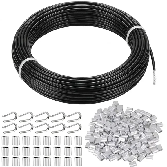 Tootaci 1/8 Black Vinyl Coated Cable, 100ft Stainless Steel Wire Ropewith Sleeve and Thimble for Clothesline, String Light Hanging, Shade Sail,Curtain