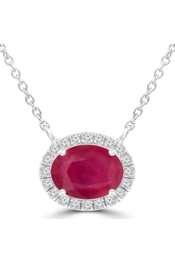 1.8 CTW Oval Red Ruby Oval Halo Necklace in 14K White Gold with Diamond Accent on Chain