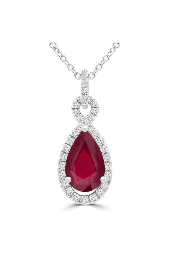 1.8 CTW Pear Red Ruby Infinity Halo Pendant Necklace in 14K White Gold