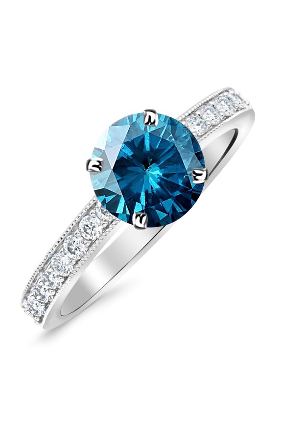 1.8 Carat 14K White Gold Classic Side Stone Pave Set With Milgrain Diamond Engagement Ring with a 1.5 Carat Blue Diamond Center (Heirloom Quality)