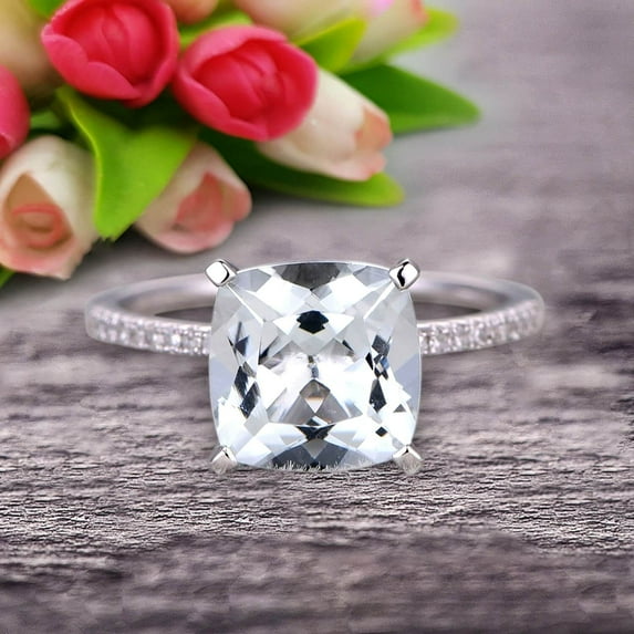 1.8 Carat 7mm Cushion Aquamarine Engagement Ring On 10K White Gold