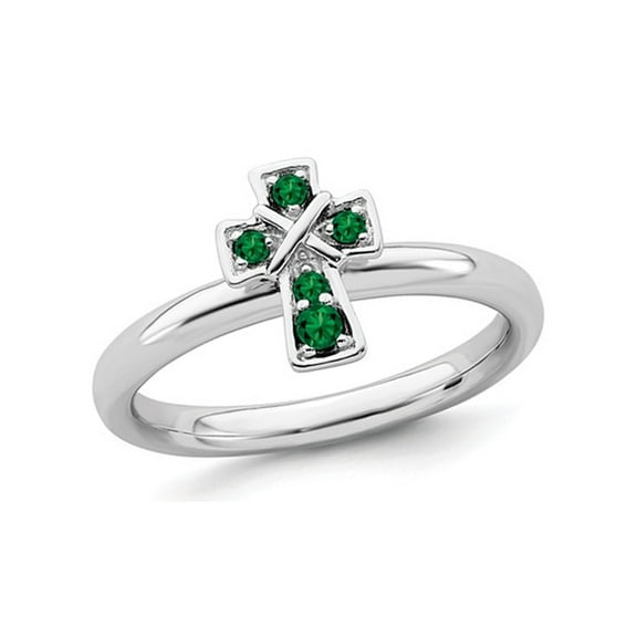 Gem & Harmony 1/8 Carat (Ctw) Lab Created Emerald Cross Ring in Sterling Silver for Women