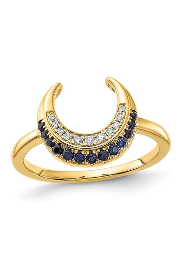 1/8 Carat (Ctw) Natural Blue Sapphire Moon Ring in 14K Yellow Gold with Accent Diamonds for Women