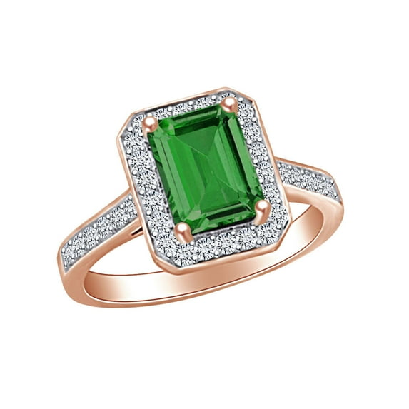 AFFY 1.8 Carat (Ctw) Simulated Emerald & White Natural Diamond Cluster Engagement Ring In 14k Solid Rose Gold Ring Size-7.5