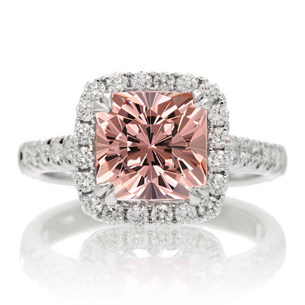 1.8 Carat Cushion Cut Morganite Halo Engagement Ring for Women on 10k White Gold
