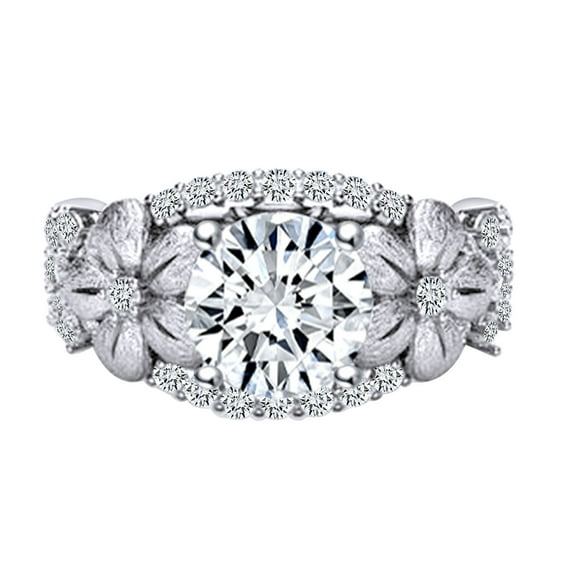 AFFY 1.8 Carat Round Moissanite & Natural Diamond Flower Engagement Ring 14k Solid White Gold Ring Size-6