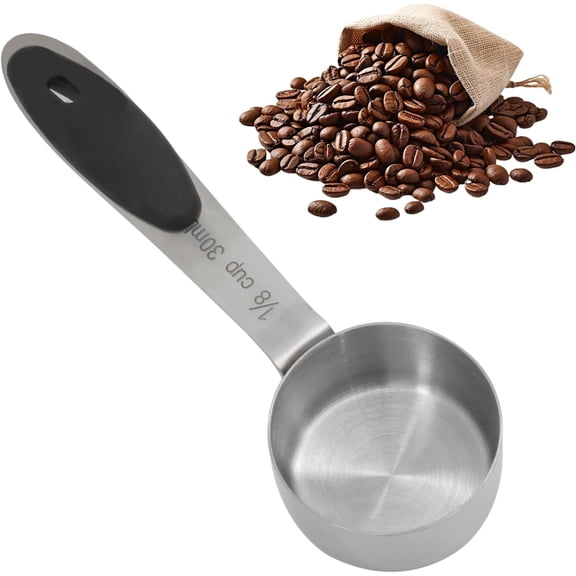 1/8 Cup Measuring Cup, Stainless Steel Coffee Measuring Scoops (2 Tbsp/30 ml/30 cc/1 oz) Single Metal Coffee Scoop with Black Silicone Handle