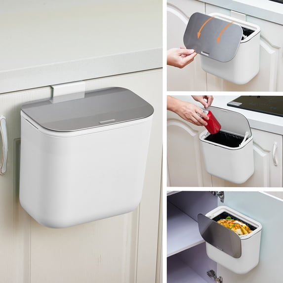 1.8 Gallon Kitchen Hanging Small Trash Can with Stainless Steel Lid, Odor-Free Compost Bin, Space-Saving Garbage Can for Cabinet, Under Sink, RV, Bathroom, White