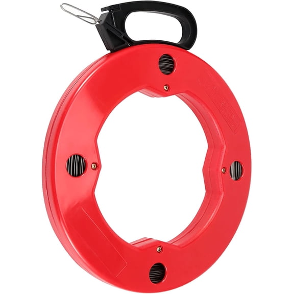 1/8 Inch x 200 Ft Fish Tape, Electrical Fish Tape Steel Wire Puller with High-impact Plastic Case and Double Loop Tip, for Electric or Communication Wire Puller, Red