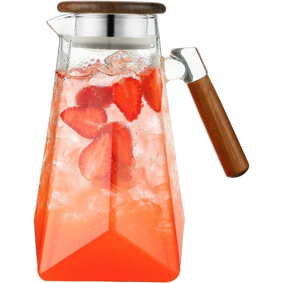1.8 Liter 60 oz Glass Pitcher with Wooden Lid & Handle - Heat-Resistant Borosilicate Jug with Trident Star Design, Perfect for Iced Tea, Lemonade, Cold Brew & Party Drinks (Clear, 60 oz)$$