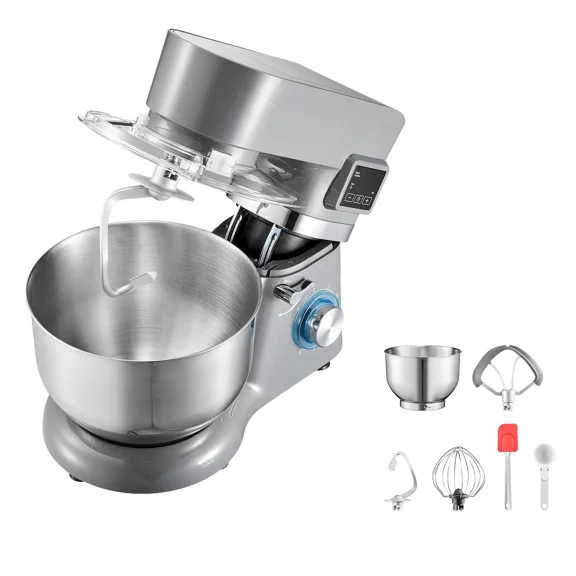 1.8 Qt Ice Cream Maker with 6-Speed Electric Stand Mixer LED Display Timer Mixing Paddle Dough Hook for Homemade Frozen Desserts Grey