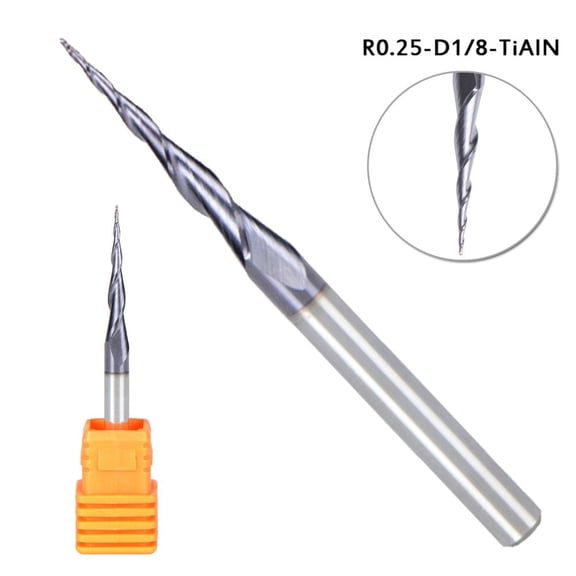 1/8" Shank CNC Carbide Ball Nose Tapered End Mill 0.25mm Radius TiAlN Coated 2 Flutes for HRC 0-55 Soft Materials Cast Iron Steel Alloy Milling