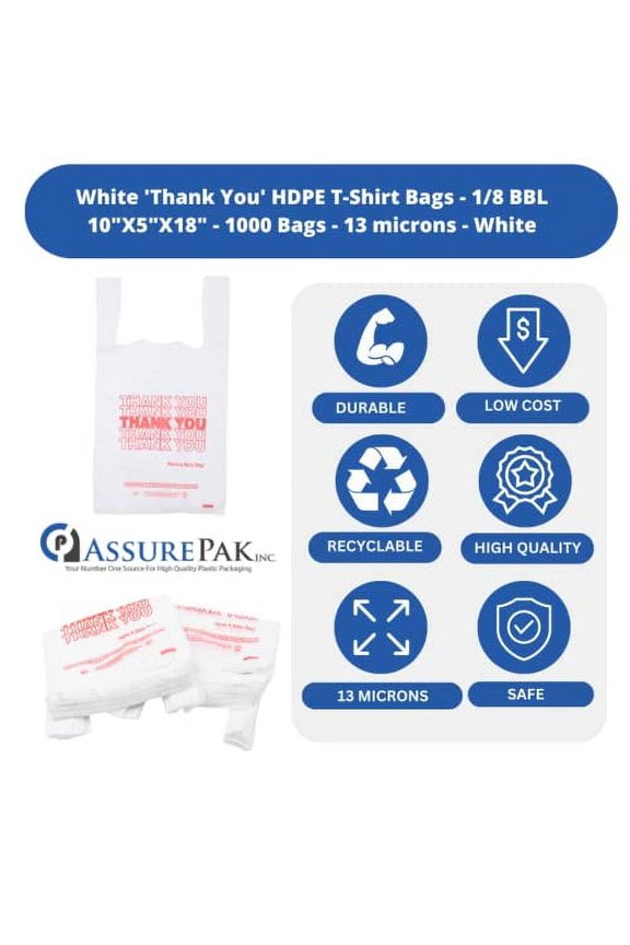 G3C4368L1/8 Size .51 Mil White Thank You Plastic T-Shirt Bag - 1000/Case