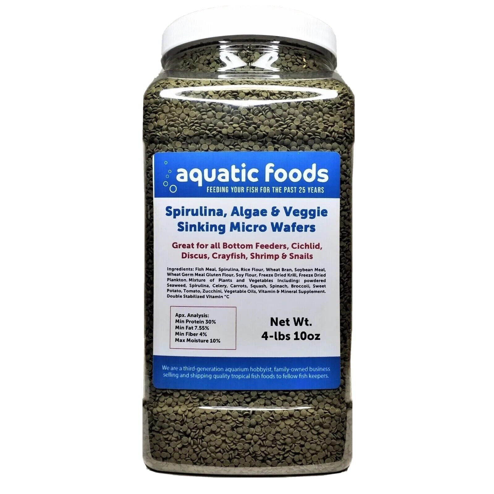 1/8" Spirulina, Algae & Veggies, Sinking Micro Wafers for Bottom Fish, Shrimp, Crabs, Crayfish, All Tropical Fish…4-lb & 10oz Lg Jar