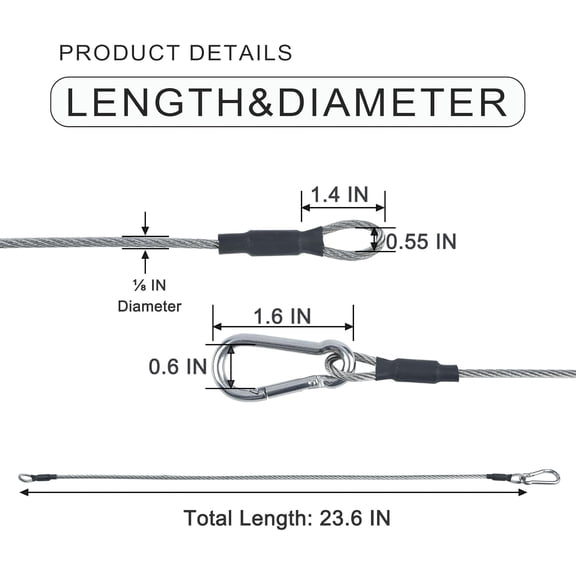 1/8" Stage Light Cables 20 Pack, 2ft Safety Cables with Carabiner Lock for DJ Light Equipments, Stainless Steel Wire Ropes, 120lb Load Capacity