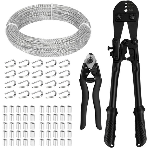 1/8 Stainless Steel Cable, 100ft 1/8 Wire Rope with Wire Rope Crimping Tool and Cutter, 7×7 Strands Aircraft Cable for Deck Railing, Clothesline, Shade Sails, String Light