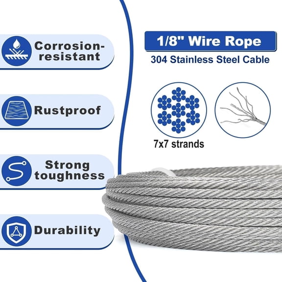 1/8 Stainless Steel Cable, 50ft 1/8 Steel Wire Rope Heavy Duty with M6 Turnbuckle for Cables Wire, 77 Strands Aircraft Cable for Deck Railing, Fences, Anti Sag Gate Kit