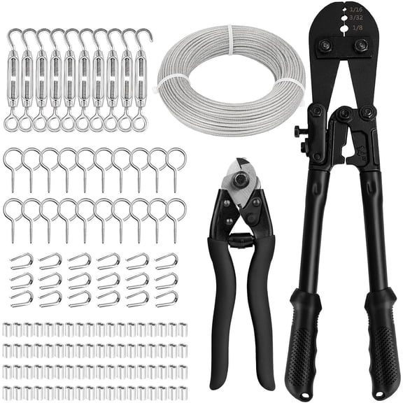Tootaci 1/8 Stainless Steel Cable Kit, 150ft Wire Rope with Crimping Tool & Cutter, Turnbuckle, Aircraft Cable for Deck Railing, String Light Hanging