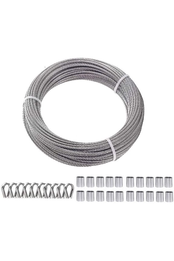 1/8" Stainless Steel Wire Rope Cable,50ft PVC Coated Stainless Cable Wire Rope with Aluminum Crimping Loop for Sun Shade Sail Installation,Canopy Installation,Outdoor Hanging Cable Use