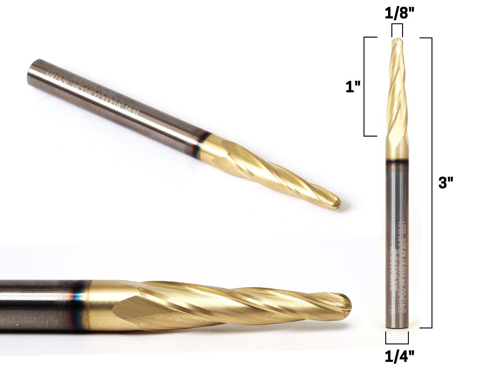 1/8" Tapered Ballnose Spiral ZRN Coated CNC Router Bit - 1/4" Shank - Yonico 37413-SC
