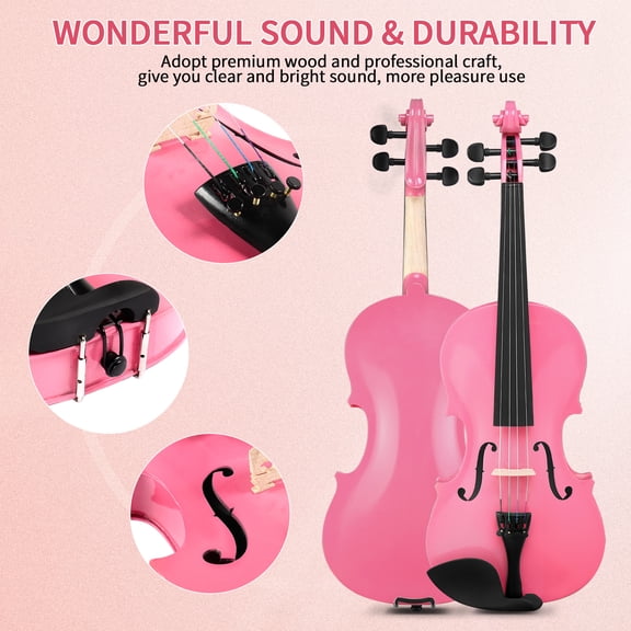 1/8 Violin for Beginner Violin, Acoustic Pink Violins with Hard Case, Bow, Rosin, Bridge