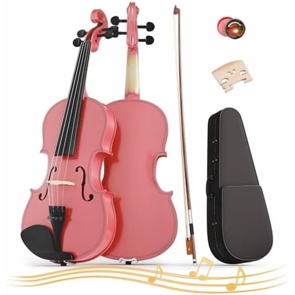 1/8 Violin for Kids Age 4-5, Beginner Violin 1/8, Acoustic Violins with Hard Case, Bow, Rosin, Bridge (Pink)$$Music
