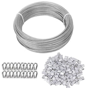 Tootaci 1/8 Coated Wire Rope Kit, 100Ft Vinyl Jacketed Stainless Steel Wire with Thimbles and Sleeves, 165lb Safe Work for Clothesline, String Light