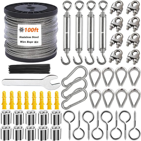 1/8 Wire Rope Kit,100ft Vinyl Coated Stainless Steel Cable with M5 Turnbuckles for Outdoor String Light Hanging Kit, Clothesline Cable, Curtain Hanging System