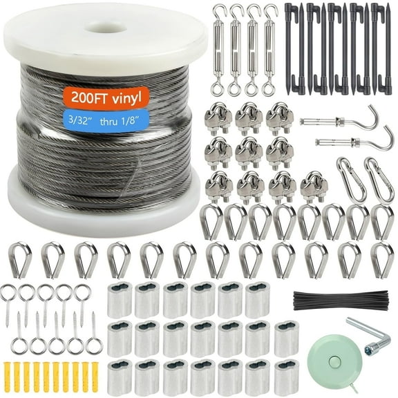 1/8" Wire Rope Kit,Steel Wire,200FT (60M)Turnbuckles,Vinyl Coated Stainless Steel for Outdoor,Garden,Kitchen,Craft with Turnbuckle