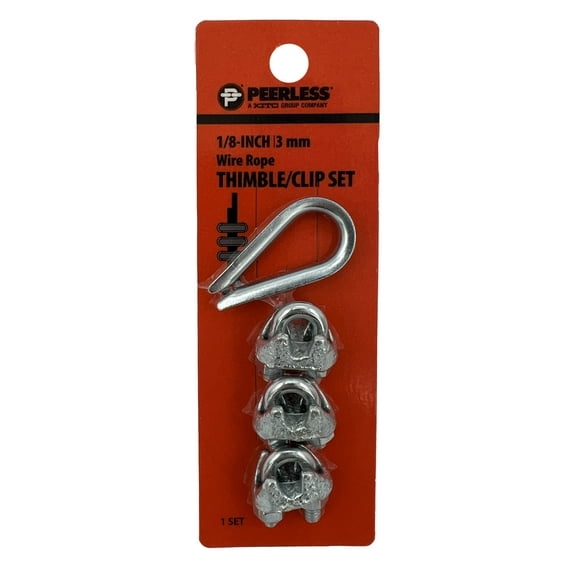 1/8" Wire Rope Thimble and Clip Set, Steel, Zinc-Plated, Peerless Chain Company, #4718638, 4 Pieces