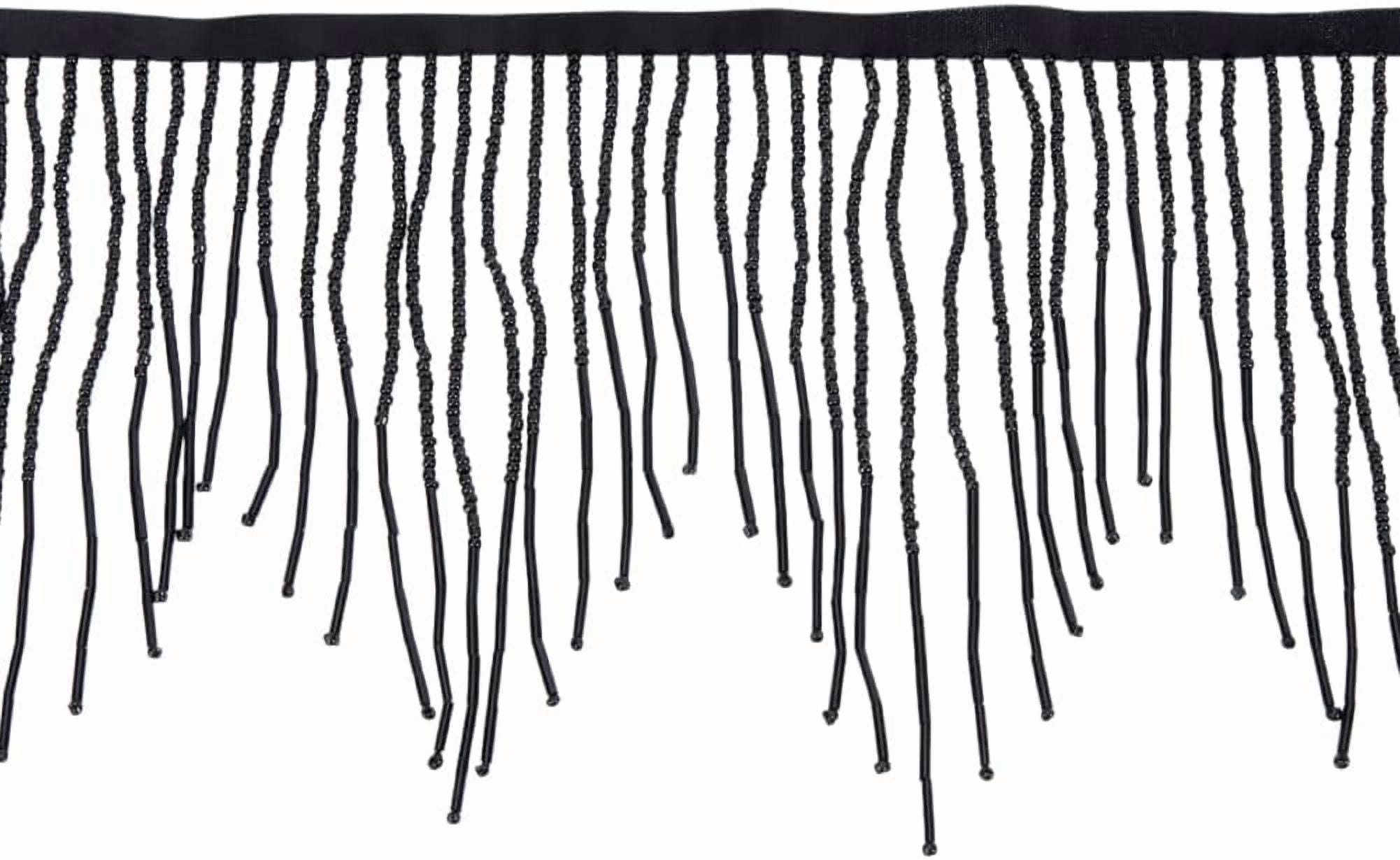 1.8 Yards Beads Wavy Water Shape Fringe Trim Black Ribbon Tassel Chain Beads Fringe Belt Trim Ribbon Beaded Fringe Trim Beads Ribbon for Clothing DIY Craft Sewing 5.5 inch Wide Black