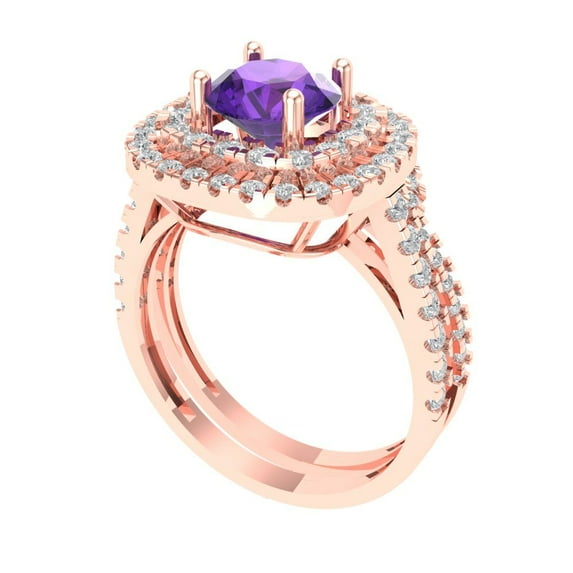 1.8 ct Brilliant Round Cut Natural Amethyst 18K Rose Gold Halo Solitaire with Accents Engagement Bridal Wedding Ring Band Set size 6.25