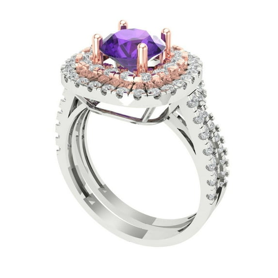1.8 ct Brilliant Round Cut Natural Amethyst 18K White/Rose Gold Halo Solitaire with Accents Engagement Bridal Wedding Ring Band Set size 10.5
