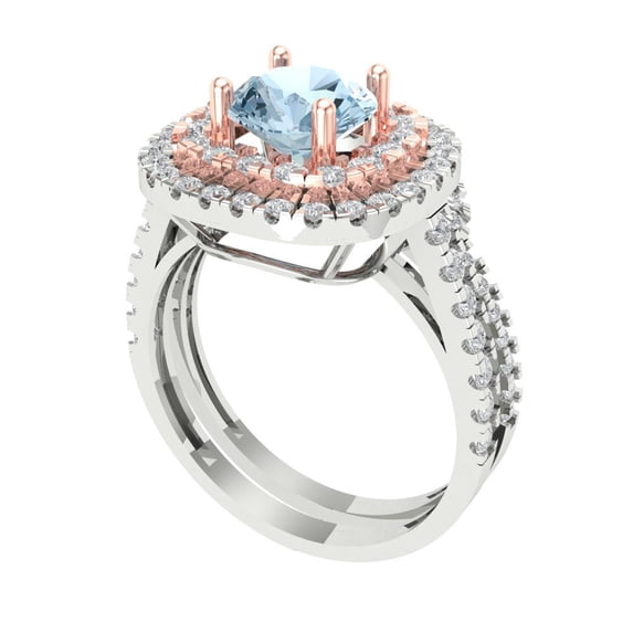 1.8 ct Brilliant Round Cut Natural Aquamarine 14k White/Rose Gold Halo Solitaire with Accents Engagement Bridal Wedding Ring Band Set size 4.5