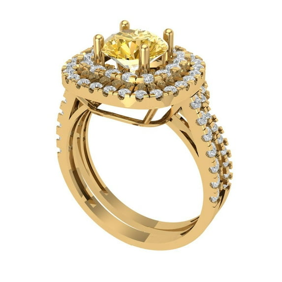1.8 ct Brilliant Round Cut Natural Citrine 14K Yellow Gold Halo Solitaire with Accents Engagement Bridal Wedding Ring Band Set size 3.75