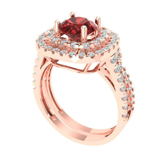 1.8 ct Brilliant Round Cut Natural Garnet 14K Rose Gold Halo Solitaire with Accents Engagement Bridal Wedding Ring Band Set size 4.75