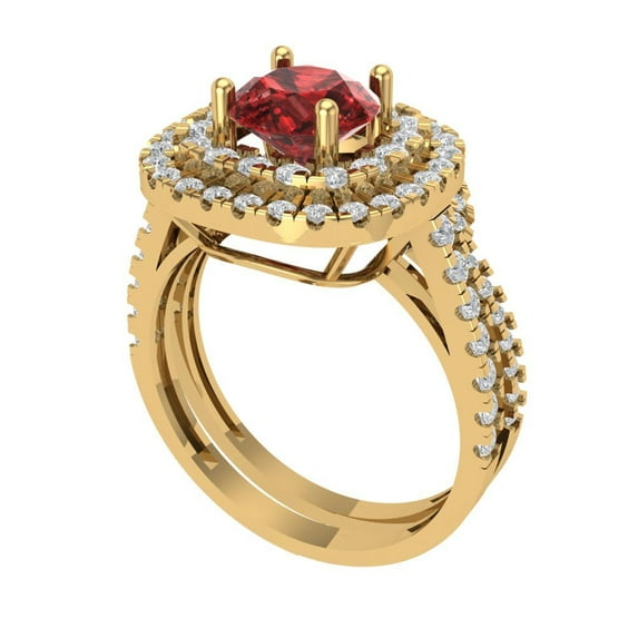 1.8 ct Brilliant Round Cut Natural Garnet 14K Yellow Gold Halo Solitaire with Accents Engagement Bridal Wedding Ring Band Set size 10.5