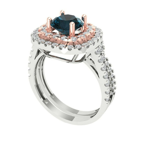 1.8 ct Brilliant Round Cut Natural London Blue Topaz 14k White/Rose Gold Halo Solitaire with Accents Engagement Bridal Wedding Ring Band Set size 5.25
