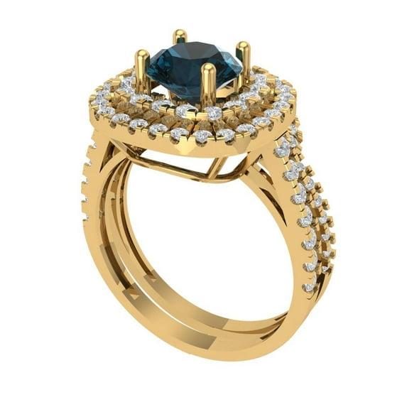 1.8 ct Brilliant Round Cut Natural London Blue Topaz 18K Yellow Gold Halo Solitaire with Accents Engagement Bridal Wedding Ring Band Set size 9