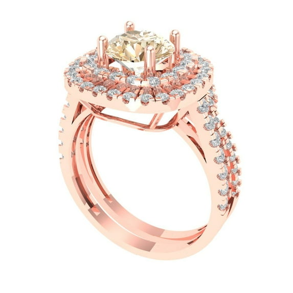 1.8 ct Brilliant Round Cut Natural Morganite 14K Rose Gold Halo Solitaire with Accents Engagement Bridal Wedding Ring Band Set size 3.5