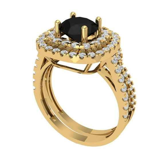 1.8 ct Brilliant Round Cut Natural Onyx 14K Yellow Gold Halo Solitaire with Accents Engagement Bridal Wedding Ring Band Set size 9