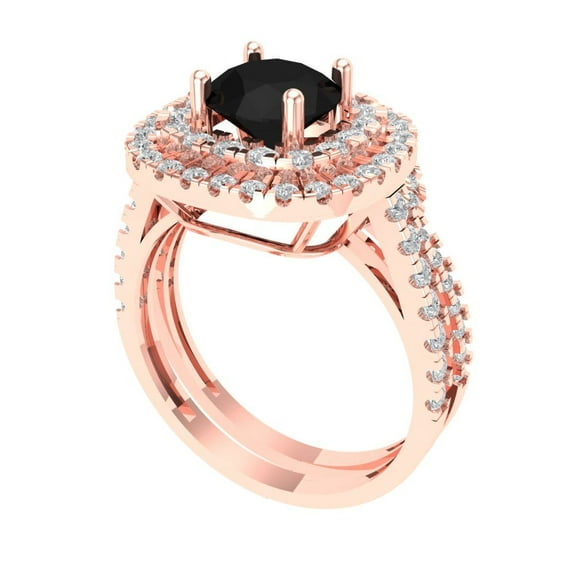 1.8 ct Brilliant Round Cut Natural Onyx 18K Rose Gold Halo Solitaire with Accents Engagement Bridal Wedding Ring Band Set size 4