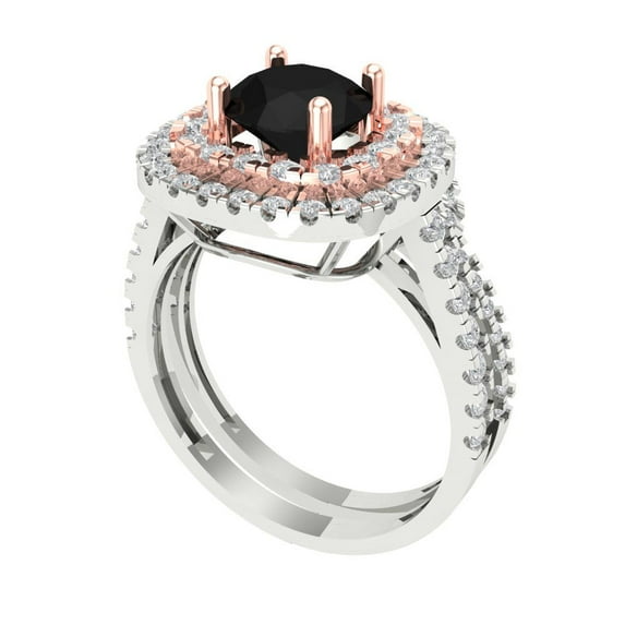 1.8 ct Brilliant Round Cut Natural Onyx 18K White/Rose Gold Halo Solitaire with Accents Engagement Bridal Wedding Ring Band Set size 6.75