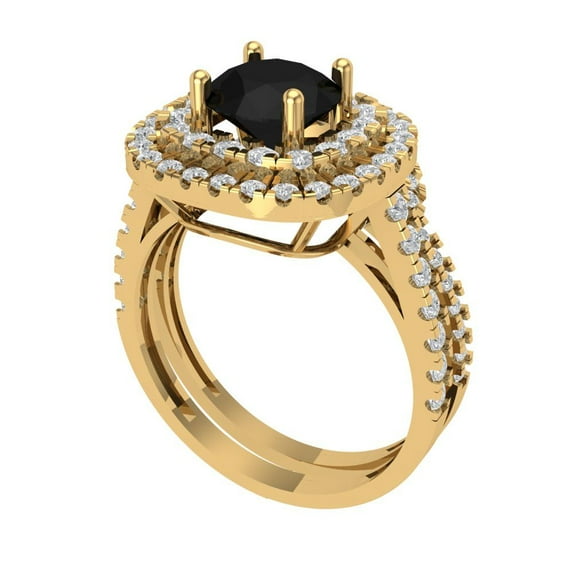 1.8 ct Brilliant Round Cut Natural Onyx 18K Yellow Gold Halo Solitaire with Accents Engagement Bridal Wedding Ring Band Set size 8.25