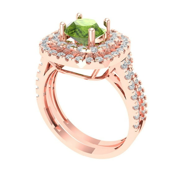 1.8 ct Brilliant Round Cut Natural Peridot 14K Rose Gold Halo Solitaire with Accents Engagement Bridal Wedding Ring Band Set size 8
