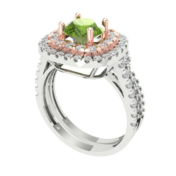 1.8 ct Brilliant Round Cut Natural Peridot 18K White/Rose Gold Halo Solitaire with Accents Engagement Bridal Wedding Ring Band Set size 10.25