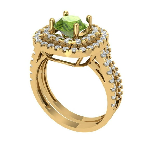 1.8 ct Brilliant Round Cut Natural Peridot 18K Yellow Gold Halo Solitaire with Accents Engagement Bridal Wedding Ring Band Set size 4.5